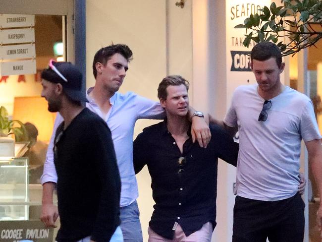 Pat Cummins, Steve Smith, Josh Hazelwood and Nathan Lyon call it a night. Picture: Dimex.