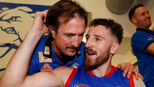 Luke Beveridge and Marcus Bontempelli after their big win. Picture: Michael Willson/AFL Photos via Getty Images