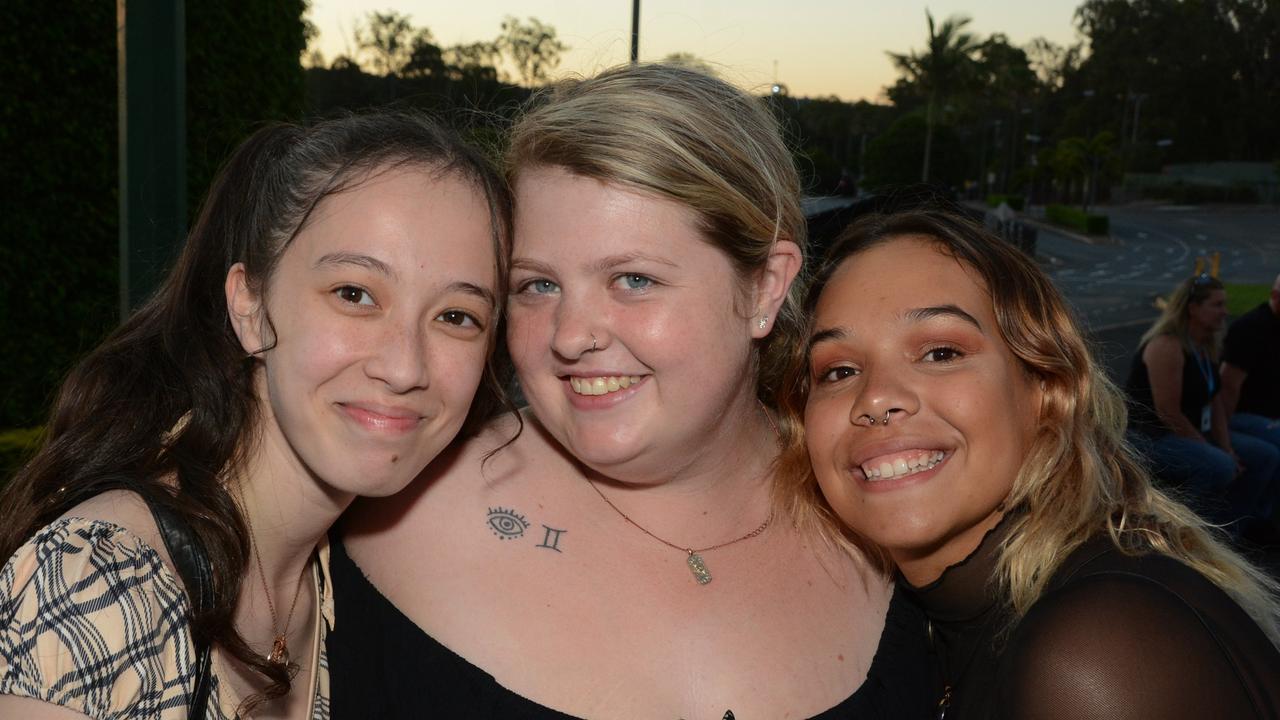 Mystique Gibson, Paige Everingham and Mykala Campbell at opening of Steel Taipan ride, Dreamworld. Picture: Regina King (copyright restrictions apply 07 55322193). "FEES APPLY, ONE TIME USE, NO ON-SELL OR ON-PASS". Pic for Peter and Regina Column GC Bulletin ONE TIME USE ONLY. Please call for permission to use.