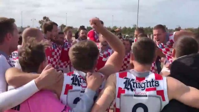 The Croatian AFL International Cup team sings its team song.