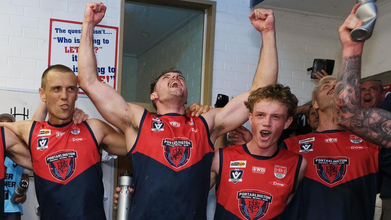 Portarlington celebrate a drought-breaking round 1 win to kick off their 2024 BFNL season. Picture: Mark Wilson