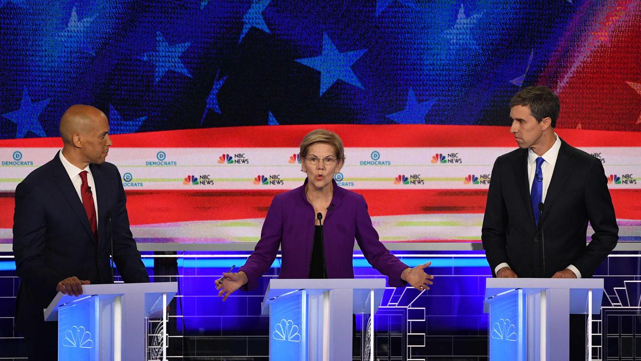 Democratic presidential hopefuls (L-R) US Senator from New Jersey Cory Booker, US Senator from Massachusetts Elizabeth Warren and former US Representative for Texas' 16th congressional district Beto O'Rourke. Picture: Jim Watson/AFP.