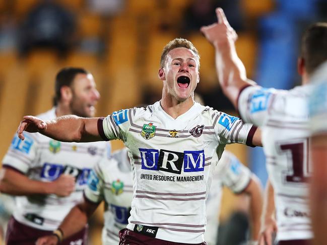 AUCKLAND, NEW ZEALAND - AUGUST 27:  Daly Cherry-Evans of the Sea Eagles celebrates after kicking a field goal in extra time to win the round 25 NRL match between the New Zealand Warriors and the Manly Sea Eagles at Mt Smart Stadium on August 27, 2017 in Auckland, New Zealand.  (Photo by Hannah Peters/Getty Images)
