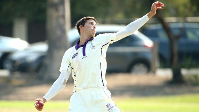 Micky Hay of Druids bowling during VTCA grand final: Druids v Airport West St Christophers on Saturday, March 16, 2019, in West Footscray, Victoria, Australia. Picture: Hamish Blair