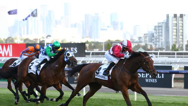 Arcadia Queen wins the Mackinnon Stakes. (Photo by Robert Cianflone/Getty Images for the VRC)