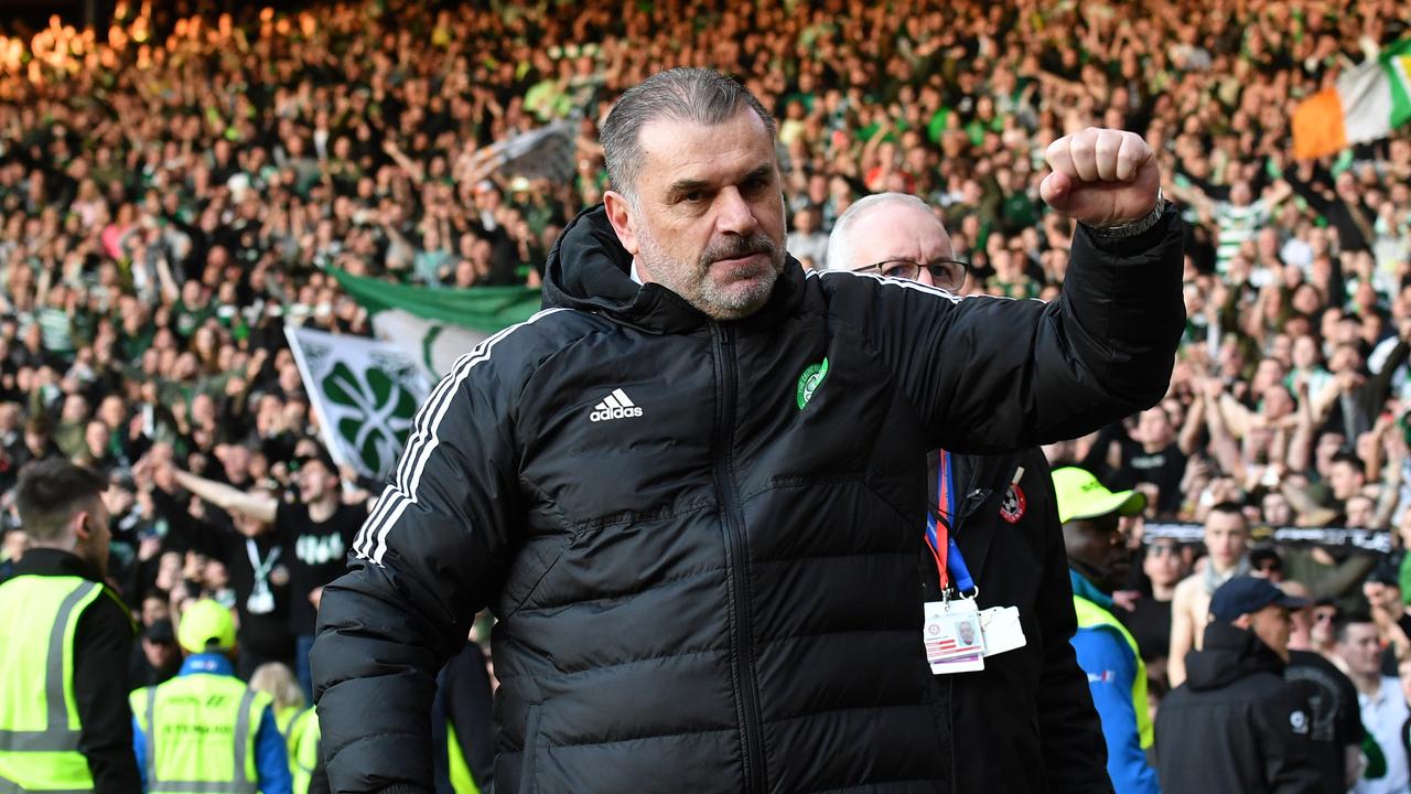 GLASGOW, SCOTLAND - FEBRUARY 26: Ange Postecoglou, manager of Celtic reacts at the final whistle as Celtic beat Rangers 2-1 in the Viaplay League Cup Final at Hampden Park on February 26, 2023 in Glasgow, Scotland. (Photo by Mark Runnacles/Getty Images)