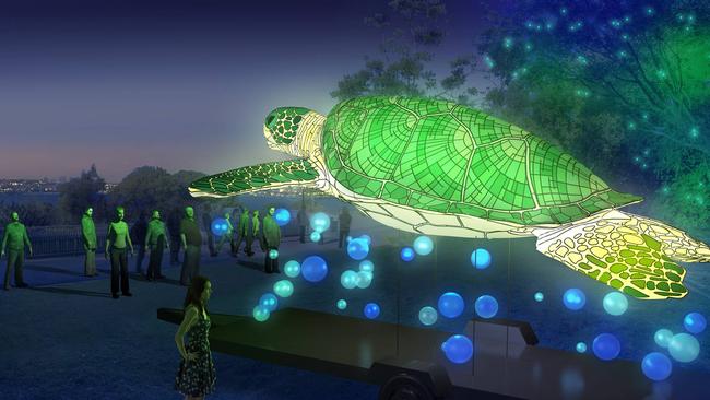 An artist’s impression of a gigantic marine turtle with moving fins which will be among the stars of Vivid Sydney at Taronga Zoo. Picture: Supplied