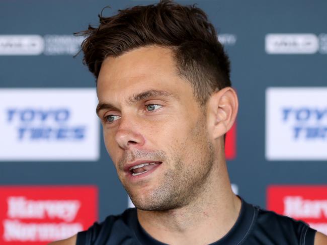 SYDNEY, AUSTRALIA - SEPTEMBER 12: Josh Kelly of the Giants  speaks to the media following the Greater Western Sydney Giants AFL training session at VAILO Community Centre on September 12, 2023 in Sydney, Australia. (Photo by Brendon Thorne/Getty Images)