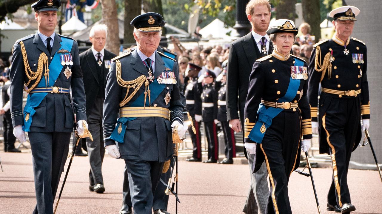 Prince William, the Prince of Wales, King Charles III, Princess Anne, Prince Harry, the Duke of Sussex and Princess Anne’s husband Sir Timothy Laurence follow the coffin of Queen Elizabeth II during a procession from Buckingham Palace to Westminster Hall. Picture: Stefan Rousseau – WPA Pool/Getty Images