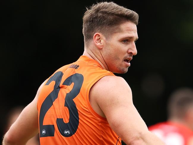 SYDNEY, AUSTRALIA - APRIL 17: Jesse Hogan of the Giants celebrates kicking a goal during the round one VFL match between the Sydney Swans and the Greater Western Sydney Giants at Lakeside Oval on April 17, 2021 in Sydney, Australia. (Photo by Mark Kolbe/Getty Images)