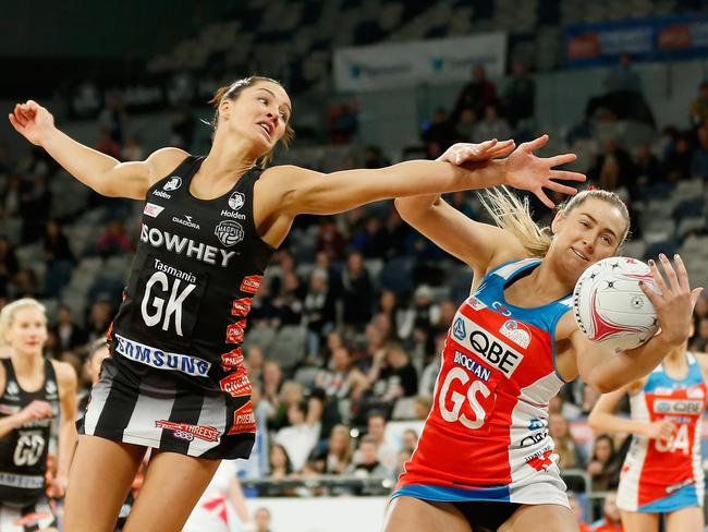 Sharni Layton tries to shut down a Swifts attack. Picture: Getty Images