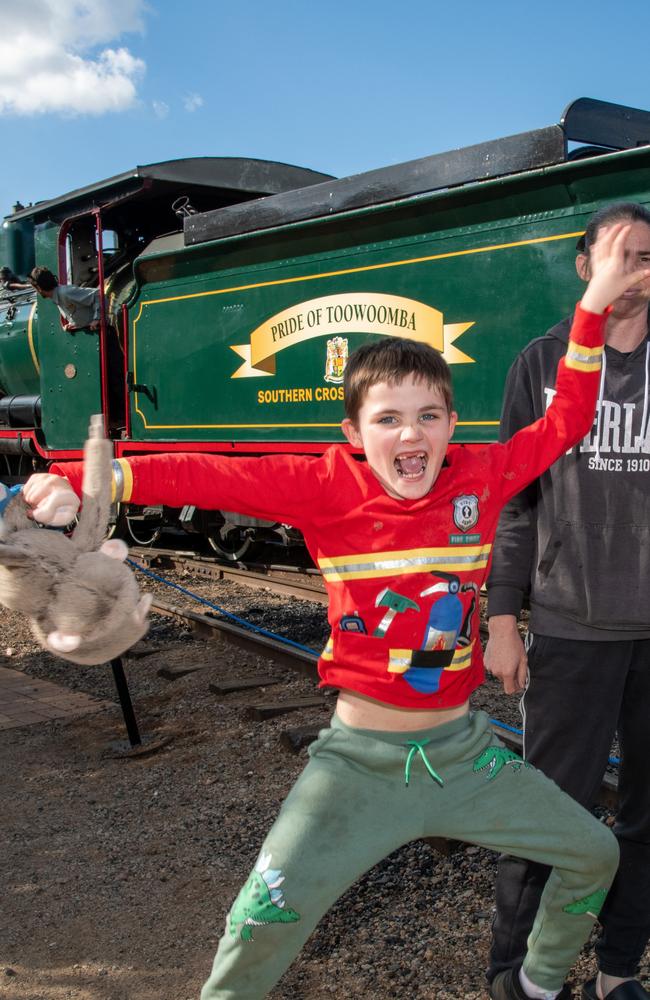 Jumping for joy to be boarding a steam train is Michael Sliger. The "Pride of Toowoomba". Saturday May 18th, 2024 Picture: Bev Lacey