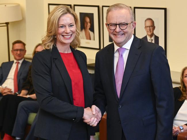 Rebecca White is congratulated by Prime Minister Anthony Albanese at Parliament House in Canberra, after her successful campaign to win the seat of Lyons. Picture: NewsWire / Martin Ollman