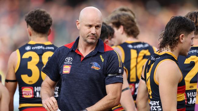 ADELAIDE, AUSTRALIA – JULY 01: Matthew Nicks, Senior Coach of the Crows during the 2023 AFL Round 16 match between the Adelaide Crows and the North Melbourne Kangaroos at Adelaide Oval on July 1, 2023 in Adelaide, Australia. (Photo by Sarah Reed/AFL Photos via Getty Images)