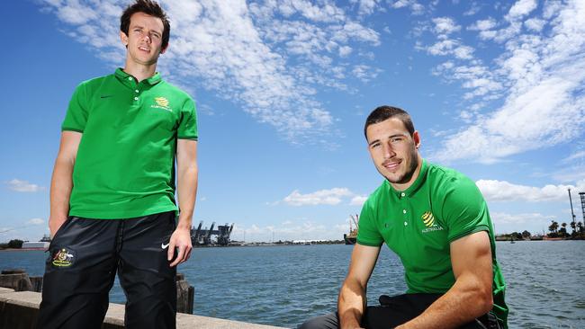 Sunday Telegraph. L to R, Socceroo players Robbie Kruse and Mathew Leckie bside Newcastle Harbour outside the Crowne Plaza in Newcastle where they are staying before their semi-final game against UAE in Newcastle this Tuesday 27th Jan.