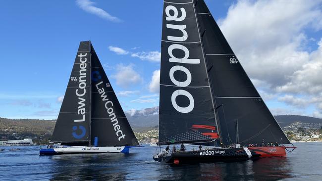 Comanche and LawConnect neck and neck in the final stretch of the Sydney to Hobart 2023. Picture: James Bresnehan