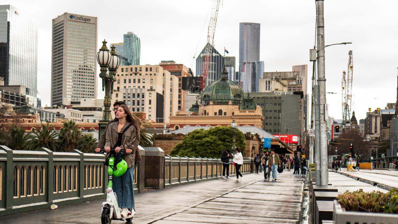 Pedestrians cross Princes Bridge with Melbourne's CBD on a cold winter’s day.