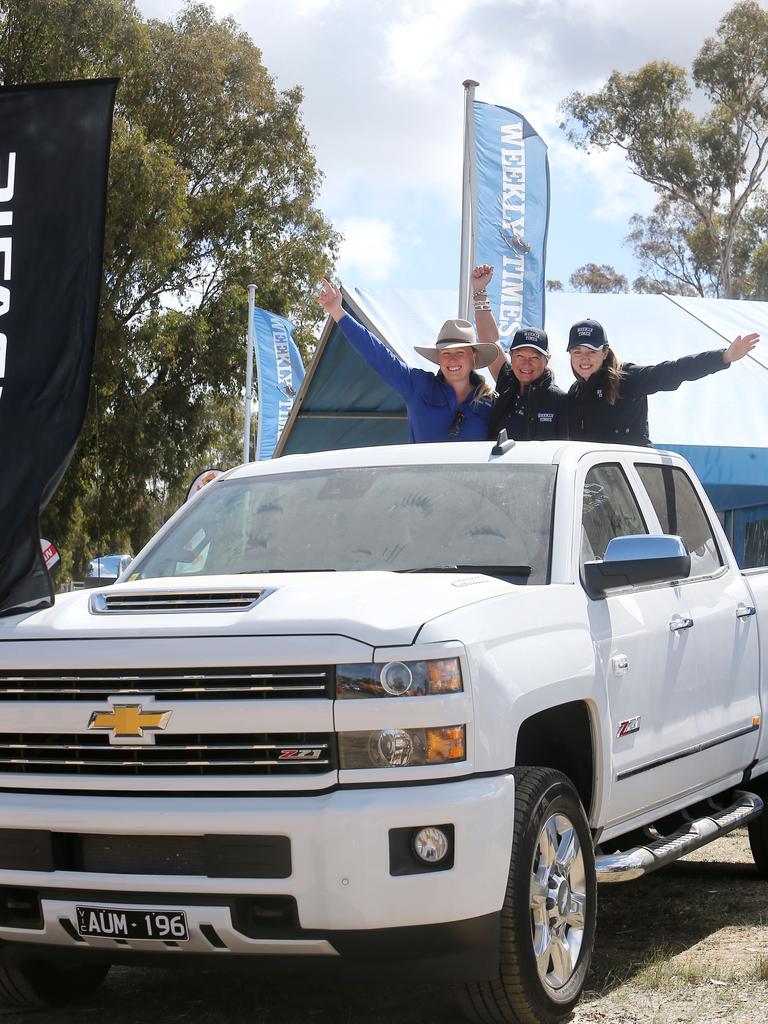 The Weekly Times’ Claire Collier, Melanie Stephens and Audrey Lucas in the Chevrolet Silverado at The Weekly Times site during the Henty Machinery Field days. Picture: Yuri Kouzmin