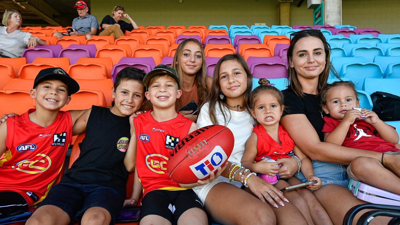 Elijah Anderson, George Cotis, Jasiah Anderson, Ionia Koulakis, Tiarna Cotis, Katerinah Anderson and Shannon Corks supporting Jed Anderson and his Gold Coast Suns at TIO Stadium. Picture: Pema Tamang Pakhrin