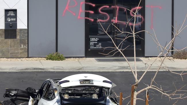 Dozens of Tesla dealerships have been vandalised. Picture: Steve Marcus/Las Vegas Sun via AP