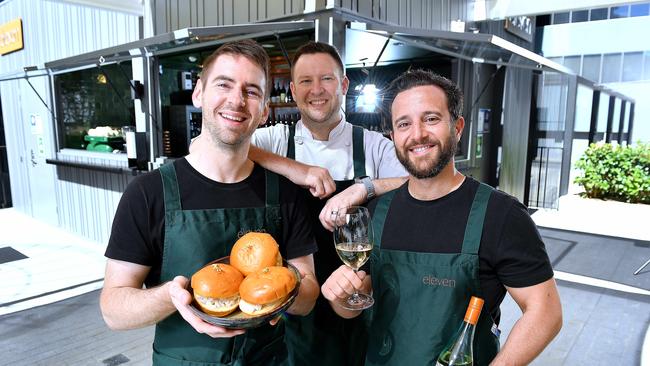 Eleven restaurant owners Callum Hann and Themis Chryssidis (front) with head chef Daniel Murphy at the 11 Waymouth St venue. Picture: Mark Brake