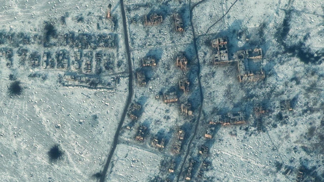 This satellite image taken and released on January 10, 2023 shows the destroyed schools and buildings in southern Soledar, near Bakhmut in eastern Ukraine. Picture: ©2022 Maxar Technologies / AFP.