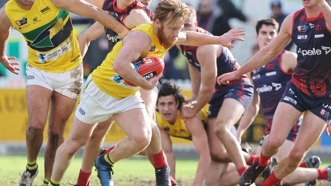 Eagle Angus Poole wins another clearance in his side’s comeback win against Norwood. Picture: SANFL Image/David Mariuz