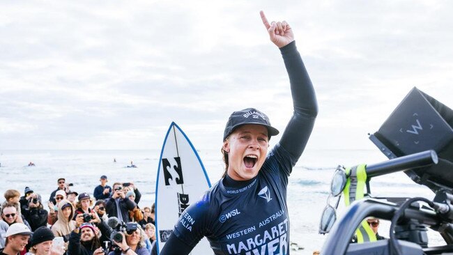 Isabella Nichols celebrates after winning the Margaret River Pro. (Photo by Matt Dunbar/World Surf League)