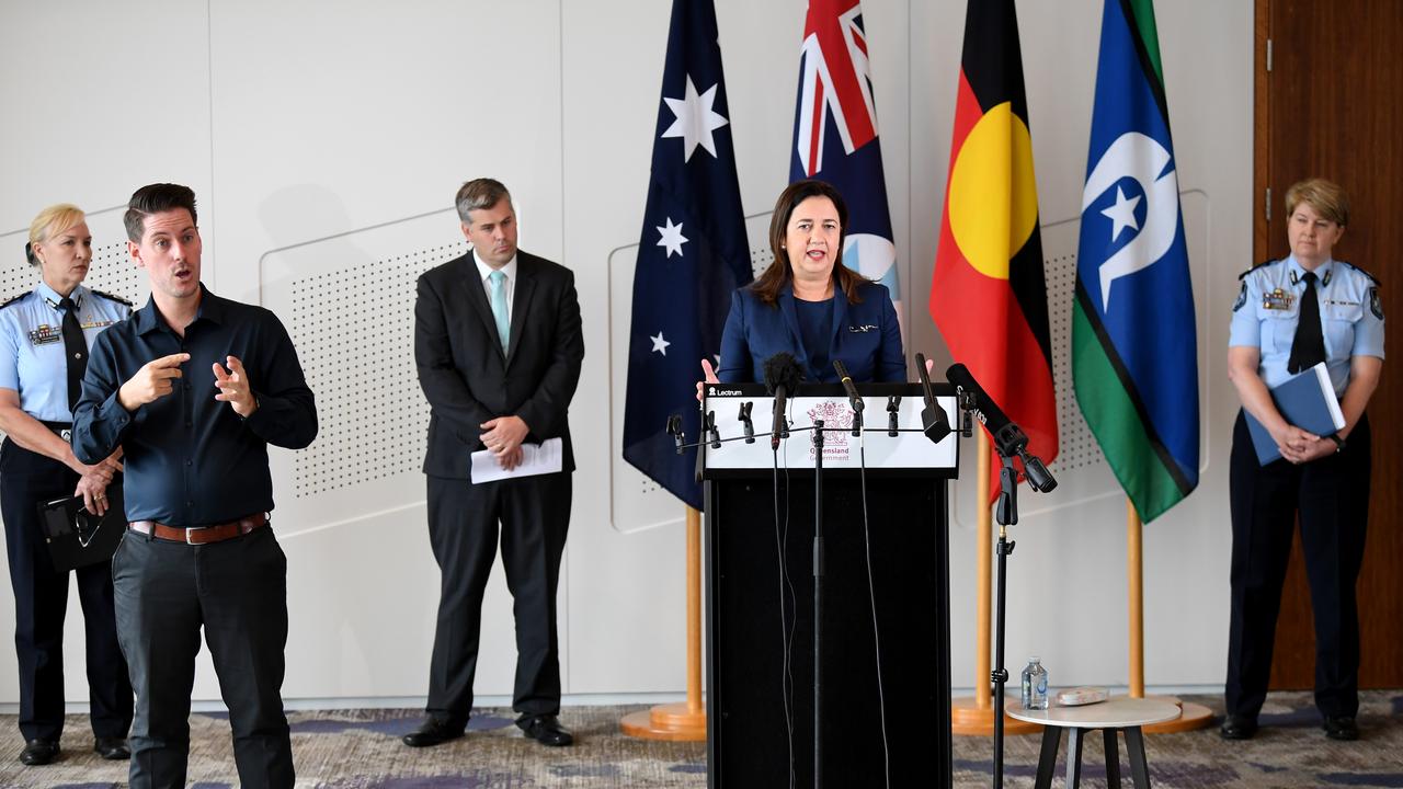 Queensland Premier Annastacia Palaszczuk (centre), flanked by (L to R) Police Commissioner Katarina Carroll, Police Minister Mark Ryan and Assistant Commissioner Cheryl Scanlon, speaks during a press conference in Brisbane. Ms Palaszczuk announced the establishment of a new Youth Crime Taskforce. Picture: NCA NewsWire / Dan Peled