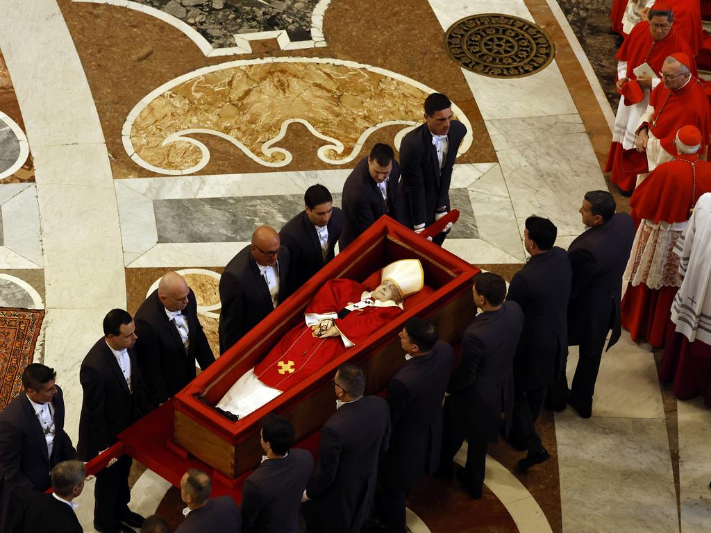 The late Pope Francis is transferred into the basilica at St Peter’s. Picture: Getty Images