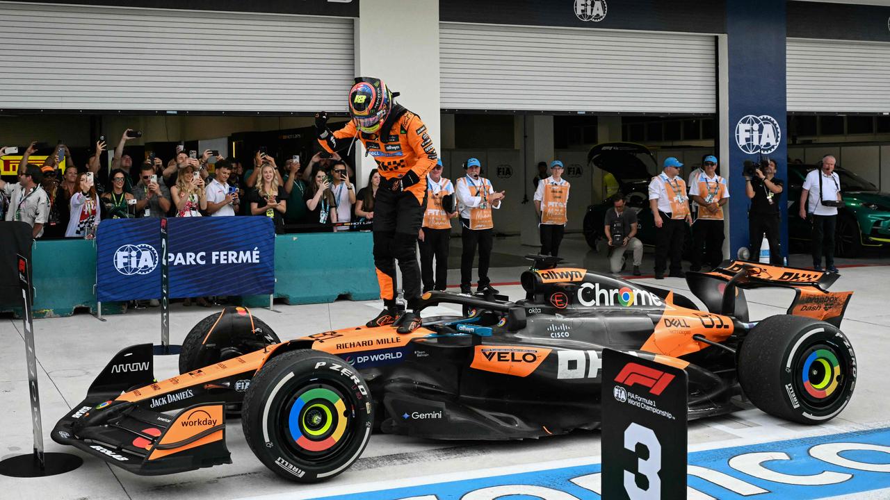 McLaren's Australian driver Oscar Piastri jumps on his car after winning the 2025 Miami Formula One Grand Prix at Miami International Autodrome in Miami Gardens, Florida, on May 4 local time. Picture: Chandan Khanna/AFP