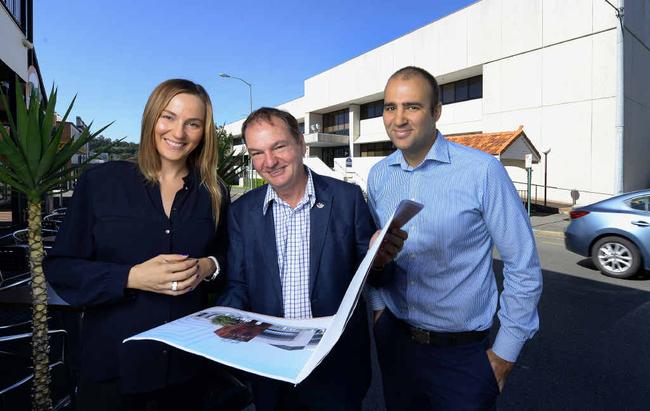 BUILDING FACELIFT: Ipswich Mayor Paul Pisasale with 59 East project director Andreja Brkan and director Robert Bitomsky in front of the old courthouse building where the development will be undertaken. Picture: Rob Williams