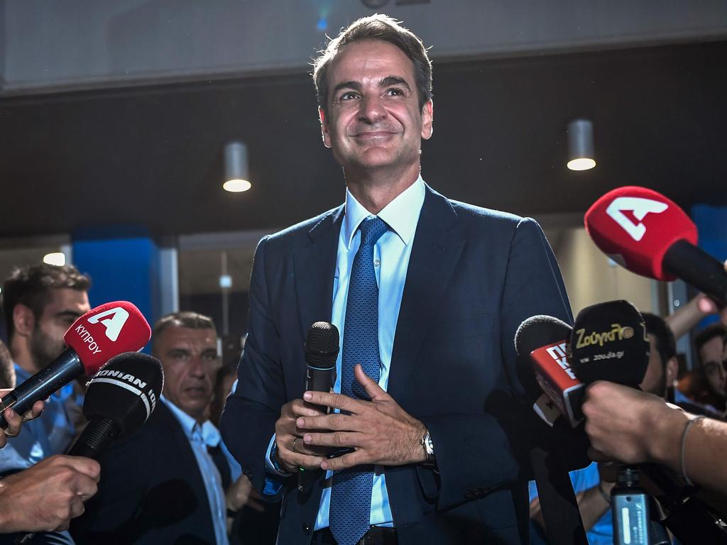 Greece's newly elected Prime Minister and leader of conservative New Democracy party Kyriakos Mitsotakis, speaks to the press outside the party's headquarters after the official results of the elections, in Athens. Picture: Louisa Gouliamaki / AFP