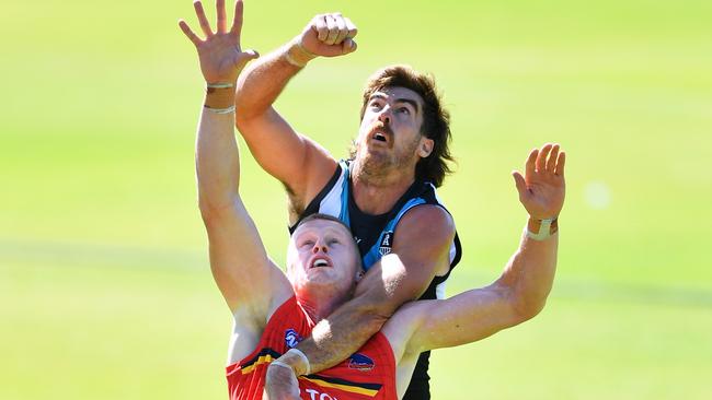 Scott Lycett and Reilly O'Brien going at it during the Crows-Power practice match. Picture: Mark Brake/Getty Images