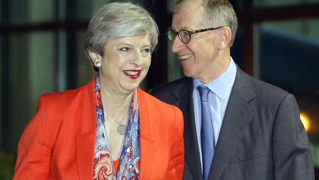 Theresa May arrives with her husband Philip for the declaration in her constituency of Maidenhead. Picture: AP.