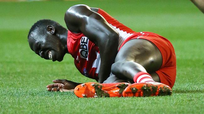 Aliir Aliir hurt his knee in the first quarter and played no further part in the preliminary final win. Picture: George Salpigtidis