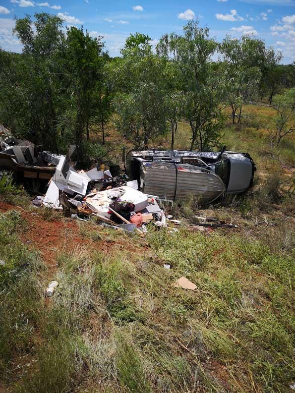 Jenni and Dave are lucky to be alive after their car and caravan crashed north of Elliott. Picture: SUPPLIED