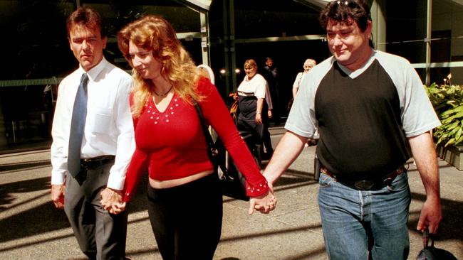 SEPTEMBER 7 2000: Treasa Steinhardt leaves Brisbane Supreme Court with then husband Blair Crewther and Keyra&#39;s biological father Des Sutton after Leonard John Fraser was found guilty of murder. 