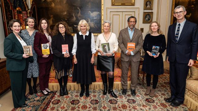 Booker Prize 2024 shortlisted authors (From L to R) Dutch writer Yael van der Wouden, US writer Rachel Kushner, Canadian writer Anne Michaels, Australian Writer Charlotte Wood, US writer Percival Everett and British writer Samantha Harvey pose with British journalist Gaby Wood (2nd L), Britain's Queen Camilla (C) and British artist Edmund de Waal (R) during a reception for the Booker Prize Foundation at Clarence House.