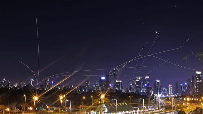 Israel's Iron Dome air defence system intercepts rockets above the coastal city of Tel Aviv. Picture: AFP