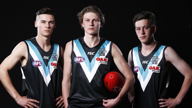 Port Adelaide rookies Connor Rozee, Xavier Duursma and Zak Butters. Picture: AAP Image/Daniel Pockett