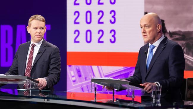 Chris Hipkins and Christopher Luxon in the first leaders' debate. Picture: TVNZ