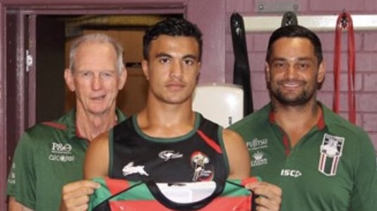 Joseph Suaalii with Wayne Bennett and John Sutton after signing with South Sydney