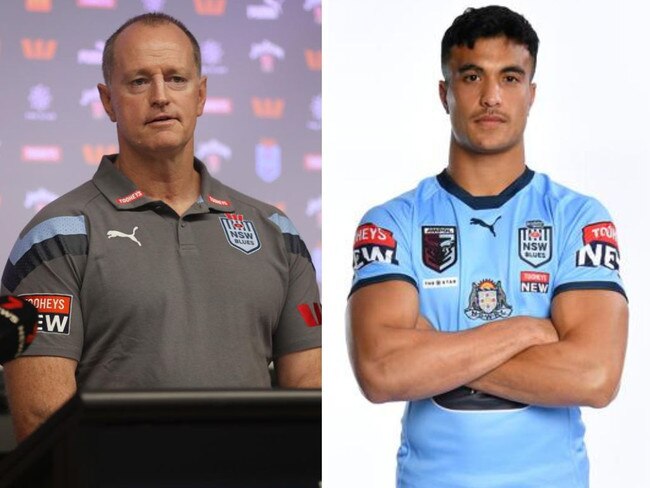 Michael Maguire and Joseph Suaalii in his first NSW jersey. Photos: News Corp/Supplied