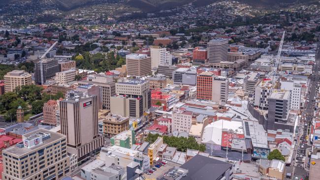 An aerial view of Hobart’s CBD, which could face a new building height limit of 45m. Picture: AERIAL VISION AUSTRALIA