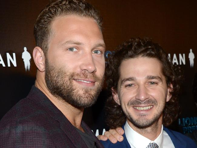 Shia LaBeouf with Aussie actor Jai Courtney in Hollywood last year. Picture: Matt Winkelmeyer/Getty Images