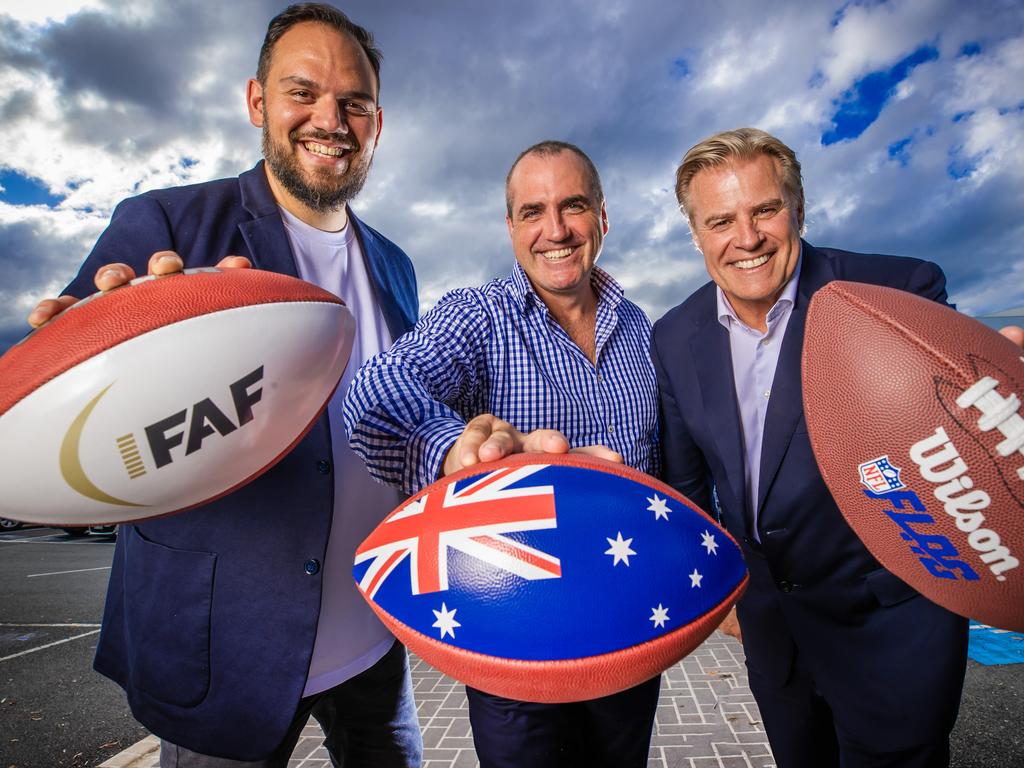 Pierre Trochet, President, International Federation of American football (IFAF), Wade Kelly, CEO, American football Australia (AFA) and Brett Gosper, Head of Europe & Asia-Pacific, National Football League (NFL). Picture: Nigel Hallett