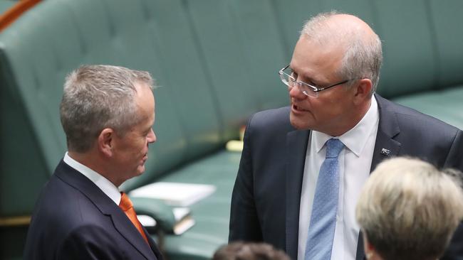 Bill Shorten and PM Scott Morrison before being sworn in at the start of the 46th Parliament, in the House of Representatives Chamber, at Parliament House in Canberra. Picture Kym Smith