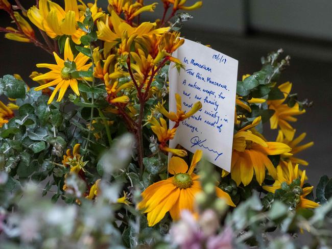 Flowers and a note left for Aiia Maasarwe. Picture: Jason Edwards