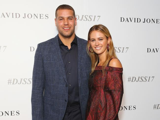 SYDNEY, AUSTRALIA - AUGUST 09:  Lance Franklin and Jesinta Franklin arrive ahead of the David Jones Spring Summer 2017 Collections Launch at David Jones Elizabeth Street Store on August 9, 2017 in Sydney, Australia.  (Photo by Don Arnold/WireImage)